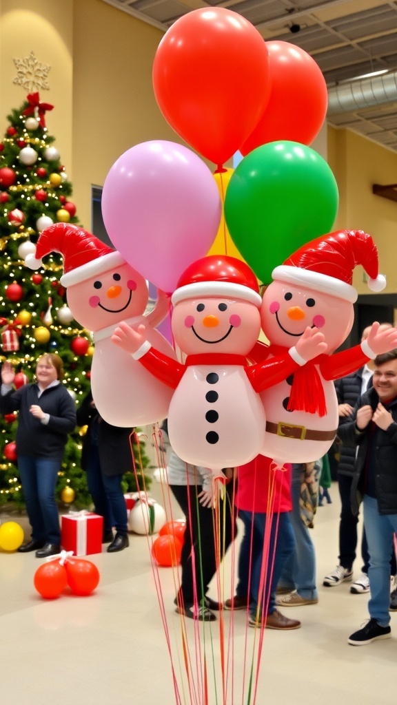 Colorful Christmas balloons and people enjoying festive games at a holiday party.